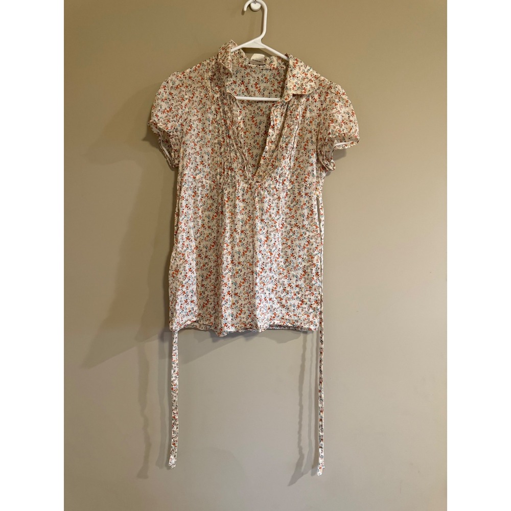 Forever 21 Ditsy Floral Cotton Blouse Short Sleeve Tie Waist Cream WT4389 Large